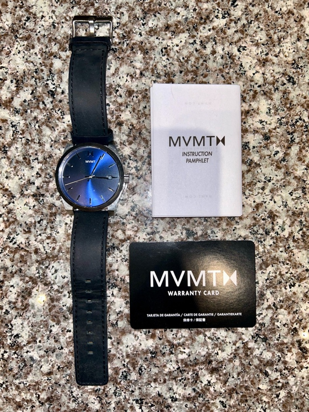 MVMT Stainless Steel Quartz Watch with Blue Dial and Black Leather Strap